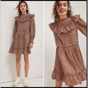 Porridge Penny Gingham Mini Dress XS Brown Ruffled Modest Cottage Garden Party